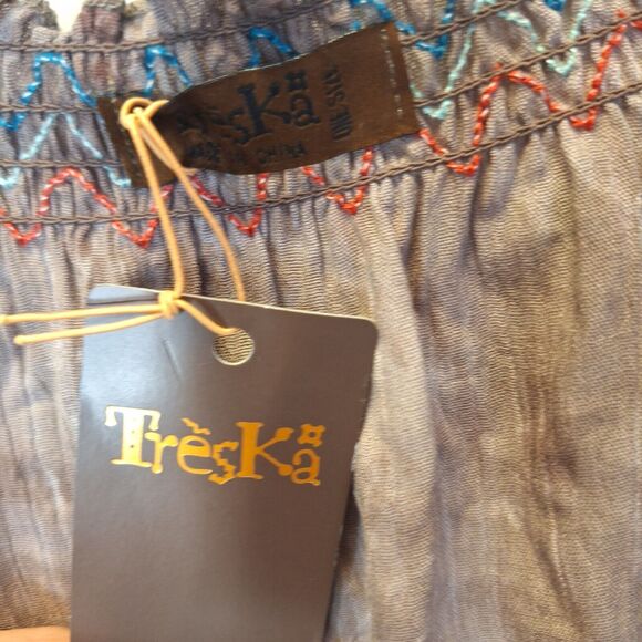 TresKa Boho Mocha Embroidery Top w/Back Tie & Tassels One Size NWT  Cottage Core - Picture 2 of 15